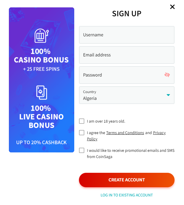 Coin Saga Bitcoin Casino Registration Form